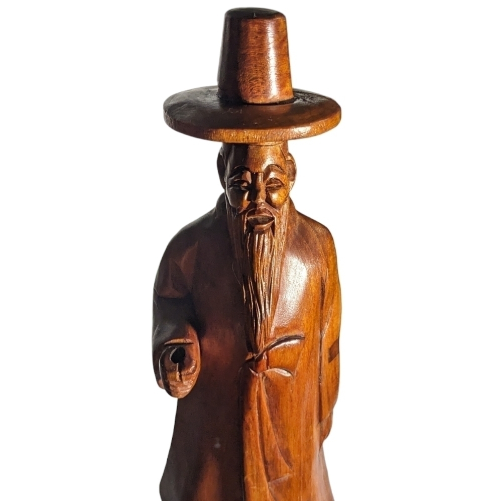 Oriental Hand Carved Wood Vintage Incense Holder Old Man Fashioned Hat Retro - Picture 3 of 9